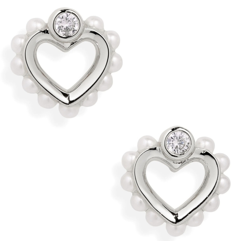 NWT Kate Spade Shining Spade ♠️ Silver Heart Pearl Stud Earrings